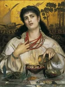 Frederick Sandys Medea tablosu, büyü yapan mitolojik kadın figürü ve altın post