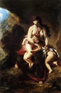 Eugène Delacroix Medea çocuklarını öldürmek üzere tablosu, mağarada saklanan korkmuş kadın