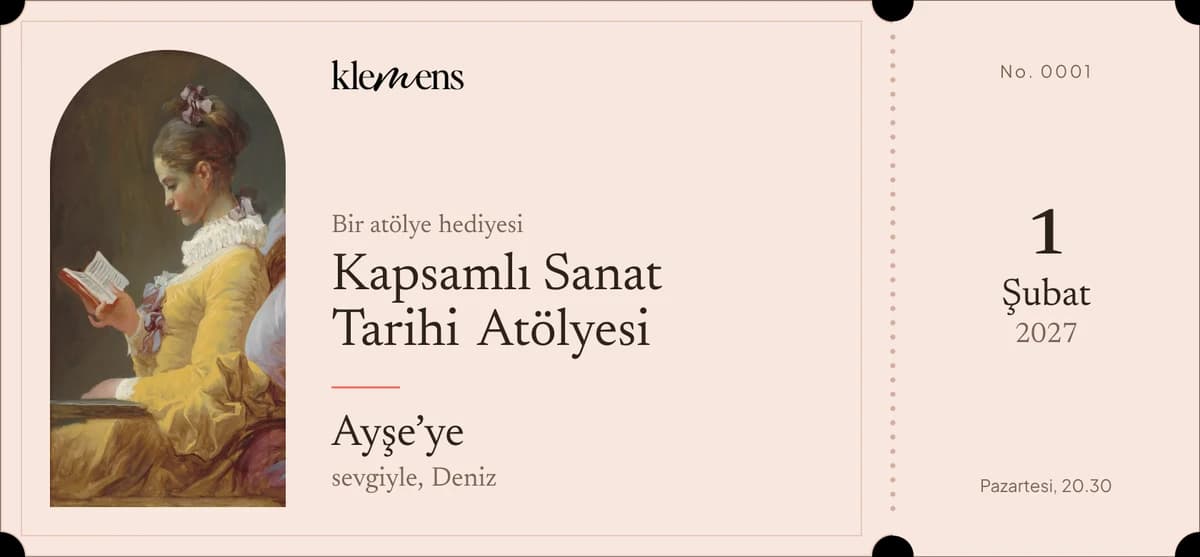 Örnek hediye bileti: Kapsamlı Sanat Tarihi Atölyesi, Ayşe'ye, sevgiyle Deniz