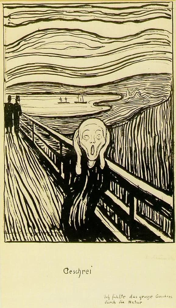 Munch'ın 1895 tarihli taş baskısı; altında sanatçının el yazısıyla günlük cümlesi