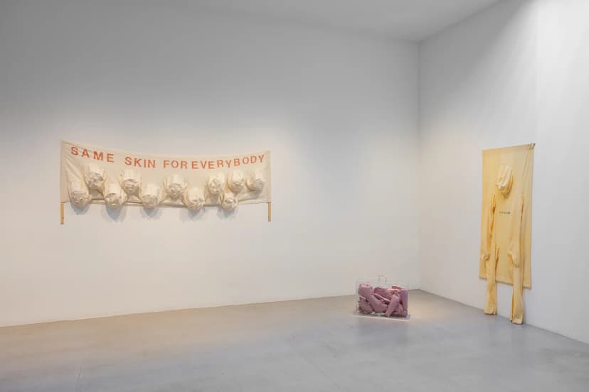 Sergide asılı 'Same Skin For Everybody' yazılı pankart ve altındaki eldivenler