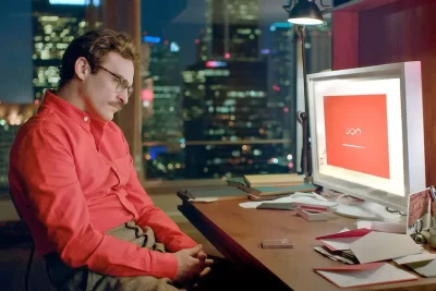 Her filmi Joaquin Phoenix Theodore Twombly karakteri gece dairesinde kırmızı gömlekli bilgisayar başında oturuyor, ekrana bakıyor