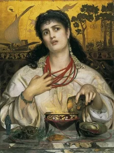 Frederick Sandys Medea tablosu, büyü yapan mitolojik kadın figürü ve altın post